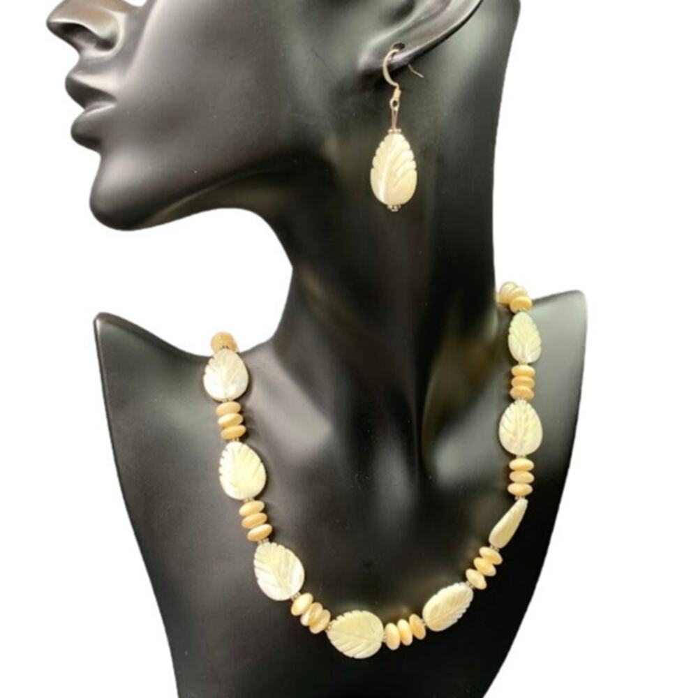 Mother of Pearl Leaf Necklace & Earring Set Vintage